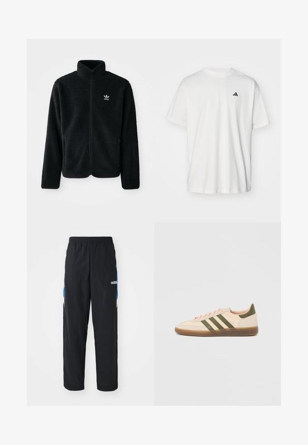 Schwarze Fleecejacke mit hohem Kragen, durchgehendem Reißverschluss und Fronttaschen. Verfügt über strukturiertes Material und ein kleines weißes Logo auf der linken Brust.; Weißes Baumwoll-T-Shirt mit kurzen Ärmeln, Rundhalsausschnitt und kleinem schwarzem Adidas-Logo auf der linken Brust. Weicher Stoff, lässige Passform.; Schwarze Sporthose mit elastischem Bund, ausgestattet mit blauen und weißen grafischen Akzenten an den Seiten und einem gestickten Logo.; Flacher, beigefarbener Adidas Spezial Sneaker mit grünen Streifen, Gummisohle und "SPEZIAL" Schriftzug an der Seite, von der Außenseite gezeigt.
