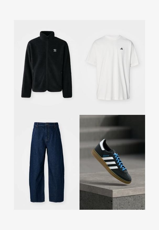 Schwarze Fleecejacke mit hohem Kragen, durchgehendem Reißverschluss und Fronttaschen. Verfügt über strukturiertes Material und ein kleines weißes Logo auf der linken Brust.; Weißes Baumwoll-T-Shirt mit kurzen Ärmeln, Rundhalsausschnitt und kleinem schwarzem Adidas-Logo auf der linken Brust. Weicher Stoff, lässige Passform.; Hellebeine Jeans aus dunklem Denim mit hoher Taille, fünf Taschen, vorderem Knopfverschluss und sichtbaren Nähten.; Schwarzer Adidas-Sneaker mit weißen Streifen, blauen Schnürsenkeln und Gummisohle, der über einer grauen Betontreppe im weichen Licht schwebt.