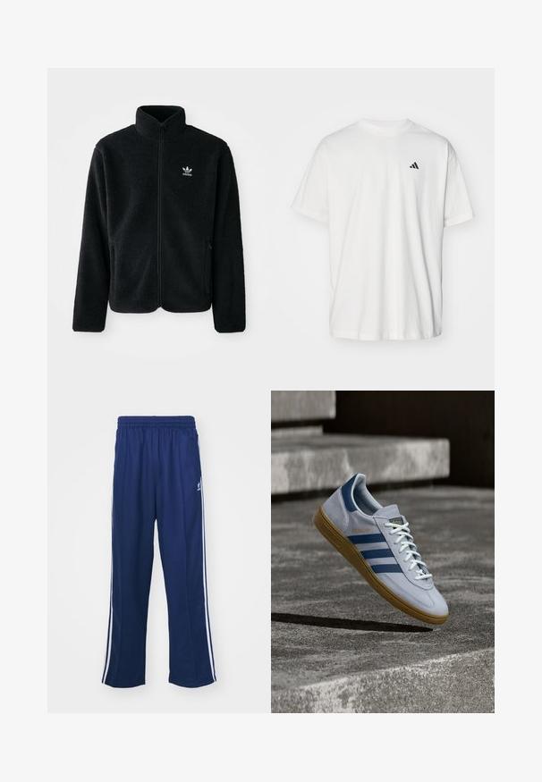 Schwarze Fleecejacke mit hohem Kragen, durchgehendem Reißverschluss und Fronttaschen. Verfügt über strukturiertes Material und ein kleines weißes Logo auf der linken Brust.; Weißes Baumwoll-T-Shirt mit kurzen Ärmeln, Rundhalsausschnitt und kleinem schwarzem Adidas-Logo auf der linken Brust. Weicher Stoff, lässige Passform.; Marineblaue Sporthosen mit einem lockeren Schnitt, ausgestattet mit weißen seitlichen Streifen und einem elastischen Bund. Glattes Material, keine sichtbaren Muster oder Beschläge.; Hellblauer Adidas Spezial Sneaker mit dunkelblauen Streifen und Gummisohle, in der Luft über Betontreppen in neutralem Außenbereich gezeigt.