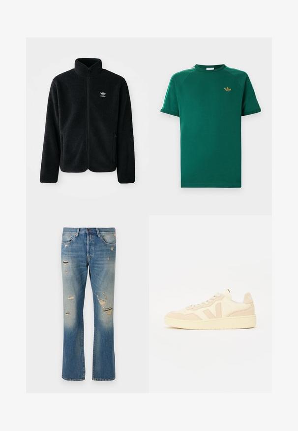 Musta fleece-takki, jossa on korkea kaulus, vetoketjusuljenta ja etutaskut. Käyttää teksturoitua kangasta ja siinä on pieni valkoinen logo vasemmassa rinnassa.; Vihreä Adidas lyhythihainen t-paita pyöreällä pääntiellä, kultainen kolmen lehtikuvion logo rinnassa ja valkoiset raidat vihreillä reunoilla hartioiden kohdalla.; Vaaleansiniset farkut, joissa on rento leikkaus, kuluneet yksityiskohdat ja revityt tahrat, sekä perinteinen viiden taskun muotoilu ja nappisuljenta.; Beige nahkaiset lenkkarit, joissa on teksturoitu mokka yläosa, perforoitu varvasosa ja kumipohja. Ominaisuuksiin kuuluu minimalistinen muotoilu ja logo kantapäässä.
