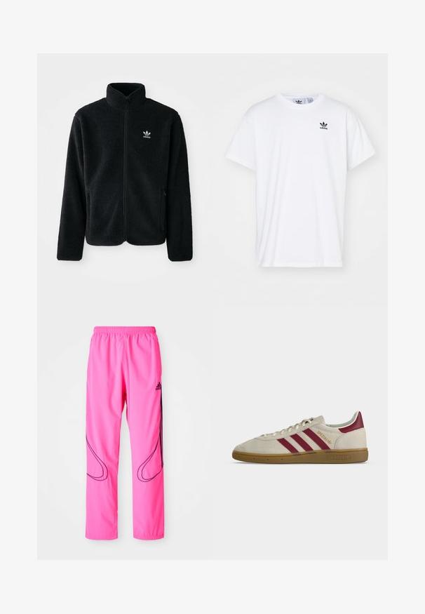 Chupa de forro polar negro con cuello alto, cierre frontal y bolsillos delanteros. Presenta tela texturizada y un pequeño logo blanco en el lado izquierdo del pecho.; Camiseta blanca de algodón con mangas cortas, escote redondo y un logo negro de Adidas con tres franjas en la zona del lado izquierdo del pecho.; Pantalones deportivos rosas con cinturilla elástica, bolsillos laterales y patrones curvados en negro en contraste con el logotipo de Adidas.; Zapatilla beige Adidas Spezial con tres franjas burdeos, lengüeta trasera burdeos, suela de goma y texto dorado "Spezial" en el lateral.