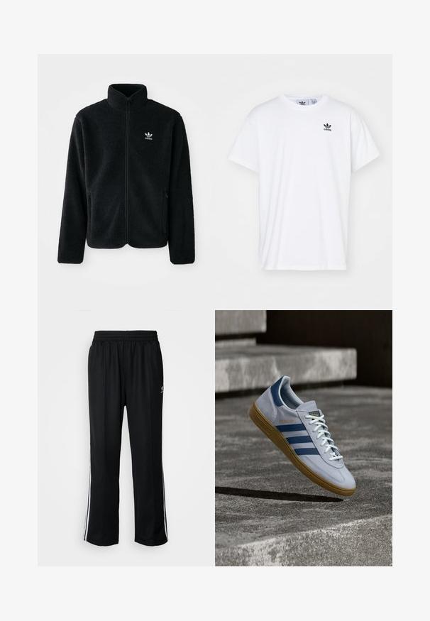 Chupa de forro polar negro con cuello alto, cierre frontal y bolsillos delanteros. Presenta tela texturizada y un pequeño logo blanco en el lado izquierdo del pecho.; Camiseta blanca de algodón con mangas cortas, escote redondo y un logo negro de Adidas con tres franjas en la zona del lado izquierdo del pecho.; Pantalones deportivos negros con cintura elástica, que presentan rayas laterales blancas y un pequeño logotipo. El material parece suave y ligero.; Zapatilla Adidas Spezial azul claro con rayas azul marino y suela de goma, mostrada en el aire sobre escalones de hormigón en un entorno exterior neutral.