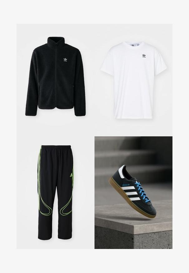 Chupa de forro polar negro con cuello alto, cierre frontal y bolsillos delanteros. Presenta tela texturizada y un pequeño logo blanco en el lado izquierdo del pecho.; Camiseta blanca de algodón con mangas cortas, escote redondo y un logo negro de Adidas con tres franjas en la zona del lado izquierdo del pecho.; Pantalones deportivos Adidas negros con líneas curvas en verde neón y tres franjas en los laterales, cinturilla elástica y logo de Adidas en el muslo delantero.; Zapatilla negra Adidas con franjas blancas, cordones azules y suela de goma flotando sobre un escalón de hormigón gris con luz suave.
