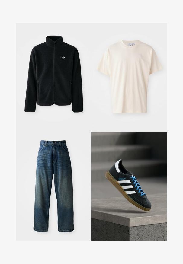 Musta fleece-takki, jossa on korkea kaulus, vetoketjusuljenta ja etutaskut. Käyttää teksturoitua kangasta ja siinä on pieni valkoinen logo vasemmassa rinnassa.; Kerman puuvillapaita, jossa on pyöreä kaula-aukko ja lyhyet hihat; rinnassa on pieni, vaaleanvärinen logo.; Sinisiä farkkuhousuja, joissa on leveät lahkeet ja haalistunut pinta. Varustettu viidellä taskulla, napin suljennalla ja kontrastivärisellä ompeleella. Painava kangas.; Musta Adidas-tennari valkoisilla raidoilla, sinisillä nauhoilla ja kumipohjalla kelluu pehmeässä valossa harmaan betonisen portaan yllä.