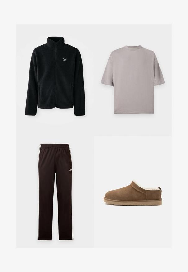 Zwarte fleece jacket met hoge kraag, ritssluiting aan de voorkant en voorzakken. Kenmerkt zich door textuurstof en een klein wit logo op de linkerborst.; Effen lichtgrijs oversized shirt met korte mouwen en ronde hals, plat liggend weergegeven tegen een witte achtergrond.; Zwarte Adidas trainingsbroek met elastische tailleband, witte zijstrepen, met rits afsluitbare zakken en klein trefoil-logo op de linker dij.; Bruine suède instapslof met beige zool en witte fleece voering, ontworpen voor warmte en comfort binnenshuis.