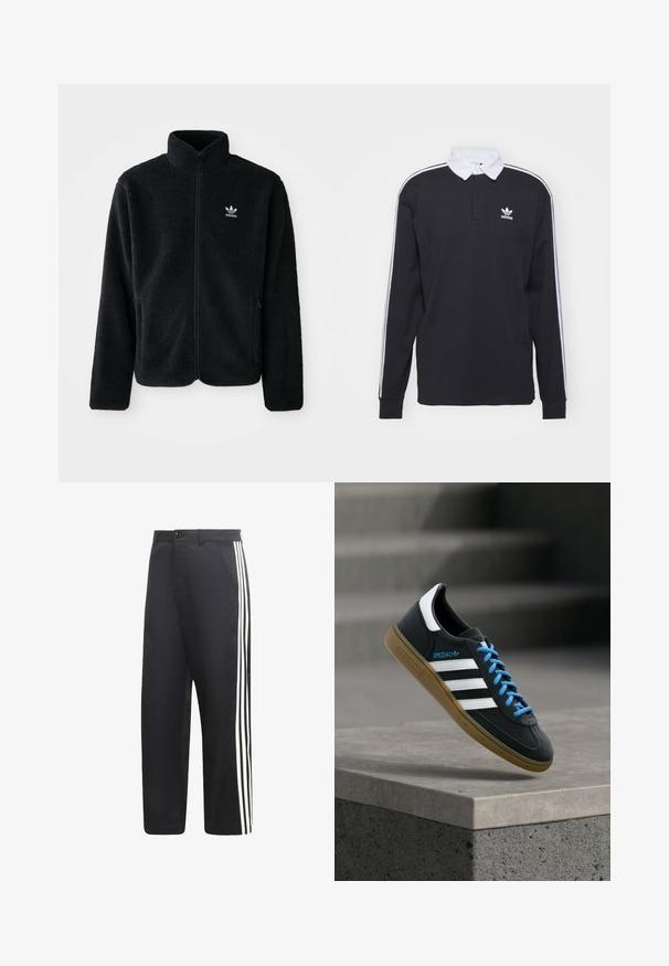 Zwarte fleece jacket met hoge kraag, ritssluiting aan de voorkant en voorzakken. Kenmerkt zich door textuurstof en een klein wit logo op de linkerborst.; Zwarte longsleeve polo met witte kraag en drie witte strepen langs de mouwen; voorzien van een geborduurd Adidas-logo op de borst.; Zwarte broek met rechte pijpen en drie witte verticale strepen langs de buitenkant van elk been.; Zwarte Adidas-sneaker met witte strepen, blauwe veters en een gumzool die boven een grijze betonnen trede zweeft in zacht licht.