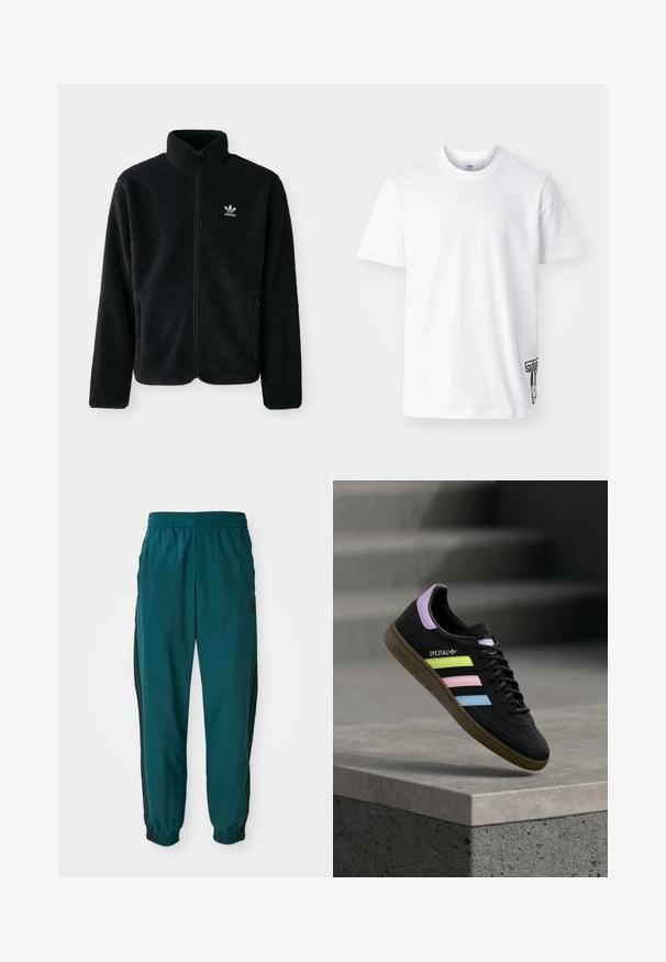 Schwarze Fleecejacke mit hohem Kragen, durchgehendem Reißverschluss und Fronttaschen. Verfügt über strukturiertes Material und ein kleines weißes Logo auf der linken Brust.; Weißes Baumwoll-T-Shirt mit kurzen Ärmeln, Rundhalsausschnitt und einem schwarzen Adidas-Logo-Patch auf der unteren linken Seite. Glatte Textur.; Türkise Sporthose mit einem Kordelzugbund, elastischen Bündchen und seitlichen schwarzen Streifen. Hergestellt aus leichtem Stoff und mit einem Logo in der Nähe der Hüfte.; Schwarzer Adidas Spezial Sneaker mit pastellgelben, pinken und blauen Streifen, lavendelfarbenem Fersenlaschen und brauner Sohle, schwebend über einer Betonkante.