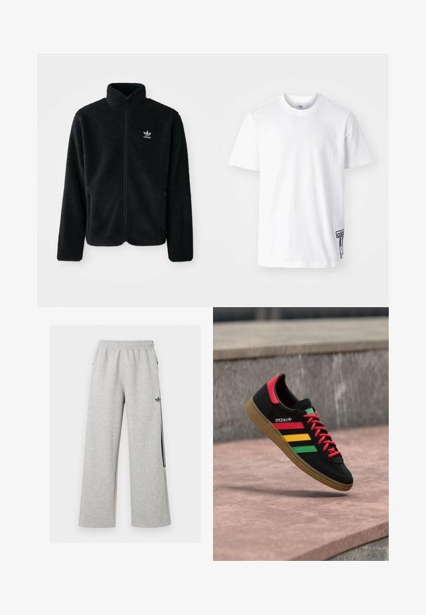 Chupa de forro polar negro con cuello alto, cierre frontal y bolsillos delanteros. Presenta tela texturizada y un pequeño logo blanco en el lado izquierdo del pecho.; Camiseta de algodón blanca de manga corta, con cuello redondo y un parche del logo de Adidas en negro en la parte inferior izquierda. Textura suave.; Pantalones deportivos anchos de color gris claro con cintura elástica y logo negro de Adidas trefoil en el muslo derecho.; Zapatilla Adidas Spezial negra con rayas rojas, amarillas y verdes, cordones rojos, suela de goma y detalle rojo en el talón, mostrada flotando sobre el pavimento.