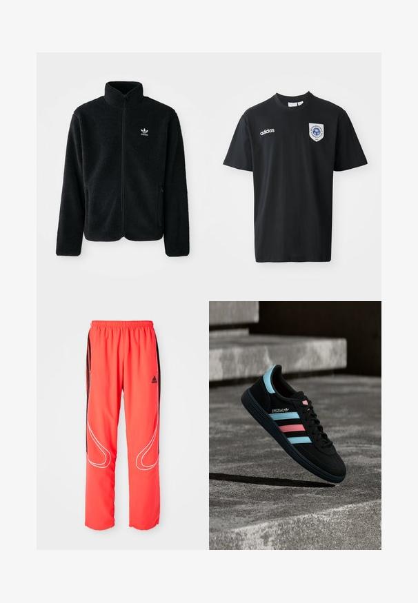 Schwarze Fleecejacke mit hohem Kragen, durchgehendem Reißverschluss und Fronttaschen. Verfügt über strukturiertes Material und ein kleines weißes Logo auf der linken Brust.; Schwarzes kurzärmliges T-Shirt aus Baumwolle mit Rundhalsausschnitt. Mit weißem Adidas-Logo und einem Patch mit blauem Emblem auf der linken Brust.; Rote Sporthosen mit lockerer Passform, elastischem Bund, schwarzen seitlichen Streifen und weißen Paspelierungen entlang der Beine. Adidas-Logo auf der Hüfte.; Schwarzer Adidas Spezial Sneaker mit blauen und pinken Streifen, der über einer strukturierten grauen Betonoberfläche mit Schatten darunter schwebt.