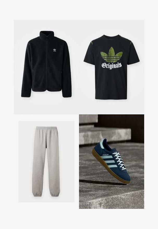 Sort fleecejakke med høj krave, lynlås foran og frontlommer. Har tekstureret stof og lille hvidt logo på venstre bryst.; Sort bomulds T-shirt med et slidt grønt grafik med tre striber og ordet "Originals" nedenfor i hvidt, rund halsudskæring, korte ærmer.; Lysegrå joggingbukser med elastik i taljen og ved anklerne, lige ben, lavet af blødt stof.; Blå Adidas Spezial sneaker med hvide striber og snørebånd, gummisål, svævende over en ru betongoverflade og trin i baggrunden.