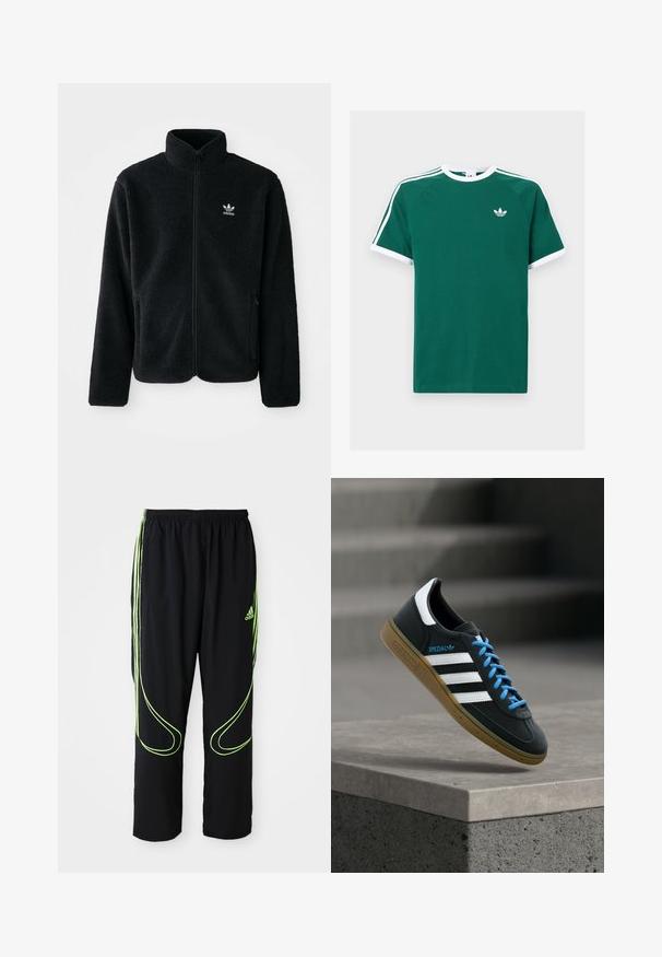 Schwarze Fleecejacke mit hohem Kragen, durchgehendem Reißverschluss und Fronttaschen. Verfügt über strukturiertes Material und ein kleines weißes Logo auf der linken Brust.; Grünes Baumwoll-T-Shirt mit weißen Akzenten, ausgestattet mit kurzen Ärmeln, einem Rundhalsausschnitt und drei weißen Streifen an jeder Schulter. Kleines Logo auf der Brust.; Schwarze Adidas Sportpants mit neongrünen, gebogenen Linien und drei Streifen an den Seiten, elastischem Bund und Adidas-Logo am Vorderoberschenkel.; Schwarzer Adidas-Sneaker mit weißen Streifen, blauen Schnürsenkeln und Gummisohle, der über einer grauen Betontreppe im weichen Licht schwebt.