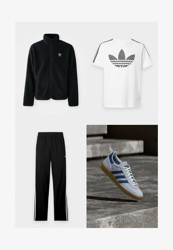 Sort fleecejakke med høj krave, lynlås foran og frontlommer. Har tekstureret stof og lille hvidt logo på venstre bryst.; Hvid bomuld t-shirt med sort grafisk trefoil-logo på fronten og sorte striber langs skuldrene som accent.; Sorte atletikbukser lavet af mesh-stof med en lige skåret pasform, elastisk taljebånd og hvide striber i siden. Sportsslogo vist.; Lyseblå Adidas Spezial sneakers med marineblå striber og gummisål, vist i luften over betontrapper i et neutralt udendørsmiljø.