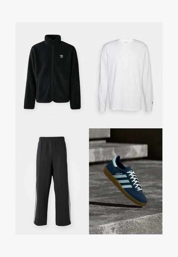 Chupa de forro polar negro con cuello alto, cierre frontal y bolsillos delanteros. Presenta tela texturizada y un pequeño logo blanco en el lado izquierdo del pecho.; Camiseta blanca de manga larga hecha de algodón. Diseño de cuello redondo con puños acanalados y un pequeño logo en la manga izquierda. Textura suave.; Pantalones de chándal negros con cintura elástica, con franjas laterales blancas y un corte relajado. Hechos de una tela suave y elástica.; Zapatilla azul Adidas Spezial con rayas y cordones blancos, suela de goma, flotando sobre una superficie de hormigón rugosa y escaleras de fondo.