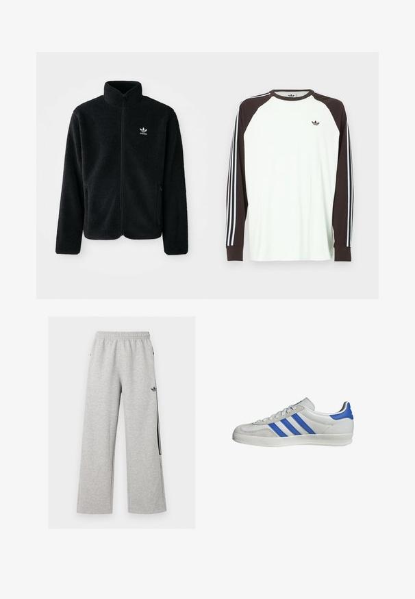 Schwarze Fleecejacke mit hohem Kragen, durchgehendem Reißverschluss und Fronttaschen. Verfügt über strukturiertes Material und ein kleines weißes Logo auf der linken Brust.; Weißes Langarmshirt mit braunen Raglanärmeln. Verfügt über blau-weiß gestreifte Akzente an den Ärmeln und ein kleines Logo auf der Brust.; Hellgraue weite Sweatpants mit elastischem Bund und schwarzem Adidas Trefoil-Logo am rechten Oberschenkel.; Weiße Sneaker mit blauen und grauen Akzenten, ausgestattet mit drei markanten Streifen, Schnürung vorne und einer strukturierten Sohle.