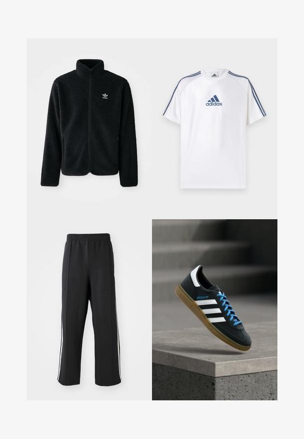Čierna fleecová bunda s vysokým golierom, zipsom na prednej strane a prednými vreckami. Obsahuje textúrovanú tkaninu a malé biele logo na ľavej hrudi.; Biele tričko Adidas s modrými akcentmi, krátkymi rukávmi a okrúhlym výstrihom. Na prednej strane je modré logo Adidas a na ramenách tri pruhy.; Čierne teplákové nohavice s elastickým pásom, s bielymi bočnými pruhmi a voľným strihom. Vyrobené z mäkkej, elastickej tkaniny.; Čierna teniska Adidas s bielymi pruhmi, modrými šnúrkami a gumovou podrážkou, ktorá sa vznáša nad sivým betónovým schodom v mäkkom svetle.