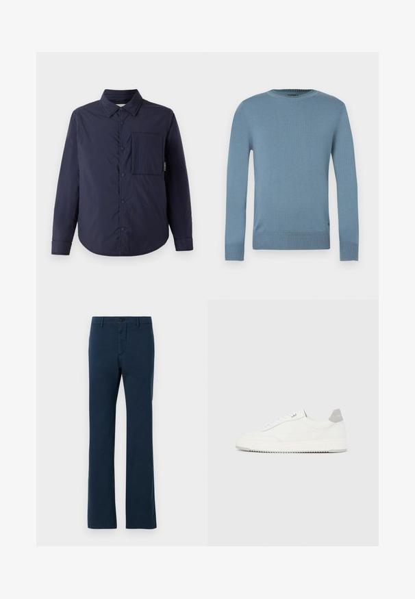 CLOSED QUILTED OVERSHIRT - Veste mi-saison - dark night; Pull bleu clair en tissu maille lisse avec manches longues, col et bord inférieur côtelés. Présente un design simple sans motifs.; Pantalons en coton bleu marine avec une coupe droite, dotés d'une fermeture à bouton sur le devant et de passants de ceinture, texture lisse et coupe ajustée.; Baskets basses blanches avec un onglet de talon gris, des lacets blancs et une semelle texturée, présentées sur un fond uni clair.