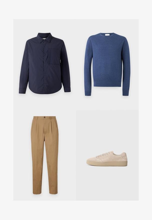 CLOSED QUILTED OVERSHIRT - Veste mi-saison - dark night; Pull bleu à manches longues avec col rond, poignets et bas côtelés, présenté à plat sur fond blanc.; Pantalons plissés beiges à coupe droite, fabriqués dans un tissu lisse. Dotés d'une fermeture à bouton sur le devant et de poches latérales.; Baskets en daim beige avec un bout rond, des lacets plats et une semelle en caoutchouc texturé. Design minimaliste avec des bords lisses et des coutures discrètes.