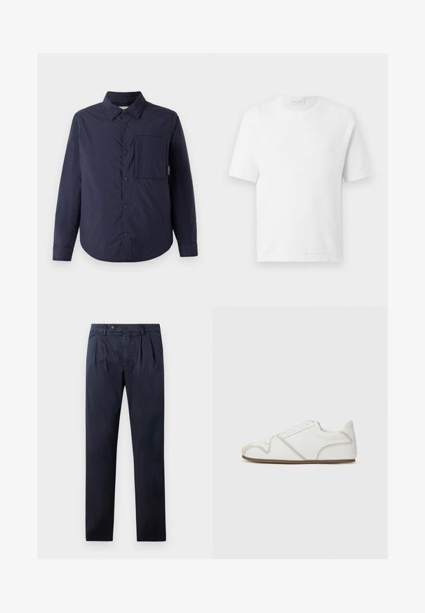 CLOSED QUILTED OVERSHIRT - Kerge jope - dark night; Valge lühikeste varrukatega tekstureeritud kootud T-särk ümarkaelusega, esitatud ühevärvilise heleda taustaga.; Tumesid chinos, millel on sile tekstuur, nupuga kinnistus ja eesmine korts. Otse jala disain, ilma märgatavate mustrite või aksessuaarideta.; Valged tennisjalanõud, millel on sile kangast peal, beežid detailid, ümar nina ja kummist tallad. Omab nööbitavat disaini ja külgõmblusi.