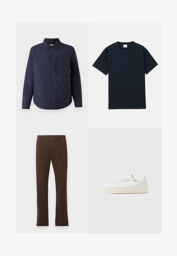 CLOSED QUILTED OVERSHIRT - Chaqueta de entretiempo - dark night; Camiseta de cuello redondo de manga corta en un oscuro azul marino liso, con un pequeño logo en relieve cerca del dobladillo inferior.; CLOSED CLIFTON TRUE - Pantalones chinos - espresso brown; Zapatilla blanca con parte superior texturizada de ante y cuero. Presenta una puntera redondeada, cierre con cordones y suela de goma beige contrastante.