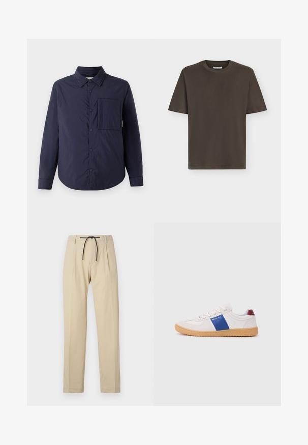 CLOSED QUILTED OVERSHIRT - Jas - dark night; Donkergroen olijfgroene katoenen T-shirt met korte mouwen en ronde hals, plat neergelegd op een lichtgrijze achtergrond.; Beige broek met een rechte pasvorm, voorzien van een verstelbare tailleband, geplooide voorkant en een soepele textuur. Eenvoudig, veelzijdig ontwerp.; Witte sneaker met een blauwe streep, rubberen gumzool en een lichte textuur. Bevat branding in het wit op de zijkant en een rode hielaccent.