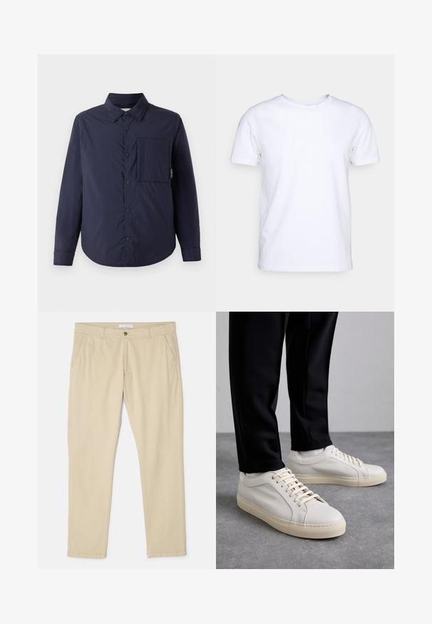 CLOSED QUILTED OVERSHIRT - Veste mi-saison - dark night; T-shirt blanc à manches courtes en tissu de coton avec un col rond. Design simple sans motifs ni accents. Texture lisse.; Chinos en coton beige à coupe droite, avec deux poches latérales, une fermeture à bouton à l'avant et des détails de couture subtils.; Baskets en cuir beige clair avec des lacets plats, une surface texturée et une semelle en caoutchouc crème contrastante, associées à un pantalon noir fuselé.