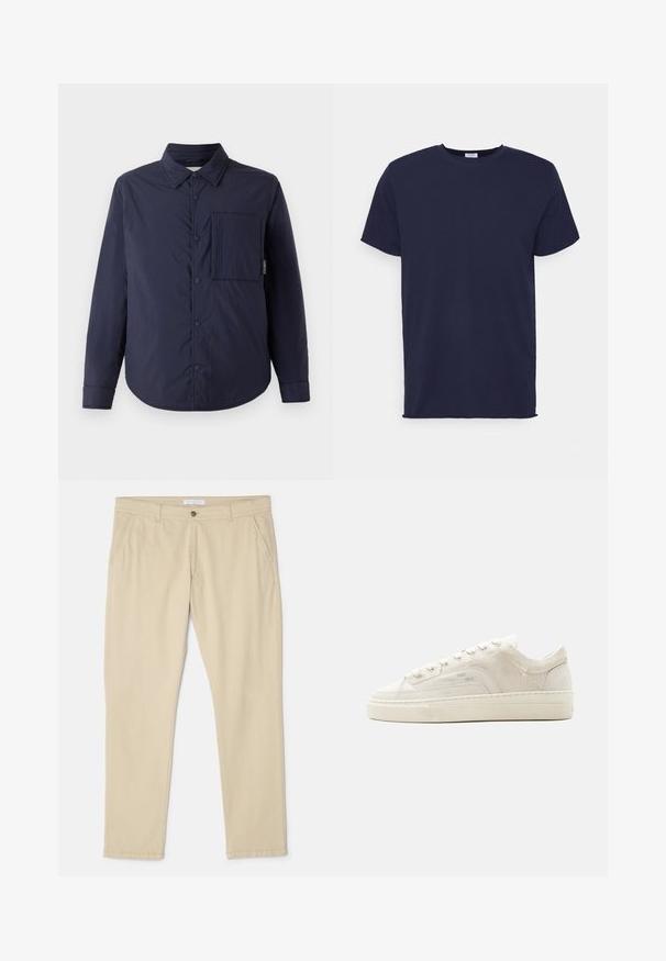 CLOSED QUILTED OVERSHIRT - Veste mi-saison - dark night; T-shirt bleu marine à manches courtes fabriqué en tissu doux. Présente un col rond et une coupe droite sans motifs ni accents.; Chinos en coton beige à coupe droite, avec deux poches latérales, une fermeture à bouton à l'avant et des détails de couture subtils.; Baskets basses blanches avec fermeture à lacets, tige en tissu texturé et semelle épaisse en caoutchouc, vues de côté extérieur sur un fond uni.