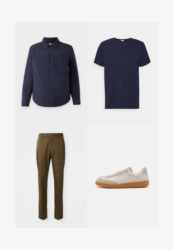 CLOSED QUILTED OVERSHIRT - Veste mi-saison - dark night; T-shirt bleu marine à manches courtes fabriqué en tissu doux. Présente un col rond et une coupe droite sans motifs ni accents.; Pantalons marron ajustés avec une coupe droite, en tissu lisse, dotés de poches latérales et d'un pli sur le devant.; Baskets basses blanches et beiges avec semelle en caoutchouc, lacets blancs, détails en daim et logo doré "Paul Smith" sur le côté.