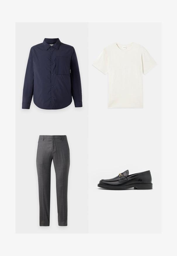 CLOSED QUILTED OVERSHIRT - Veste mi-saison - dark night; T-shirt à manches courtes, col rond en beige clair, texture en coton doux avec une coupe décontractée et sans motifs ni accents visibles.; Pantalons en laine gris avec un devant plat, coupe slim, texture subtile et design classique. Comprend des poches latérales et une fermeture éclair.; Mocassins en cuir noir avec un embout rond, présentant des accents en métal doré et des détails de couture, montés sur une semelle en caoutchouc texturé et basse.
