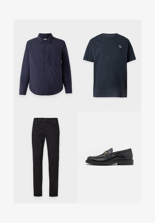 CLOSED QUILTED OVERSHIRT - Übergangsjacke - dark night; Marineblauses Kurzarm-T-Shirt mit Rundhalsausschnitt und kleinem mehrfarbigem Zebra-Emblem auf der linken Brust.; Schwarze Slim-Fit-Jeans mit vorderer Knopf- und Reißverschluss, Gürtelschlaufen und Fünf-Taschen-Design, dargestellt vor einem schlichten hellen Hintergrund.; Schwarze Lederleter mit einer abgerundeten Zehenpartie, ausgestattet mit goldenen Hardwareakzenten und Stichdetails, auf einer niedrigen, strukturierten Gummisohle.