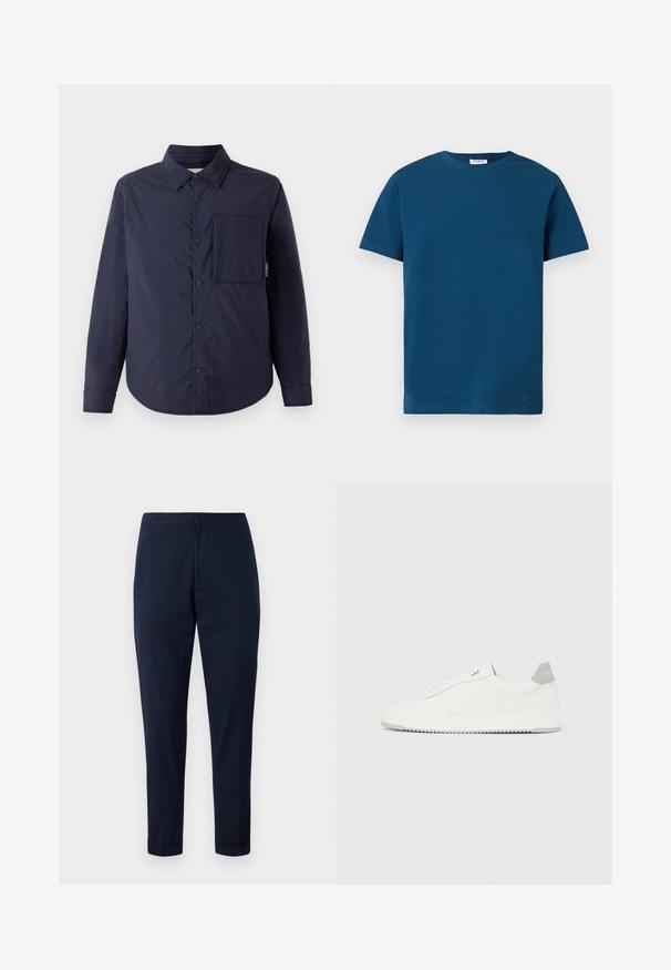 CLOSED QUILTED OVERSHIRT - Chaqueta de entretiempo - dark night; Camiseta de cuello redondo de color azul oscuro, hecha de algodón suave, con mangas cortas y una textura simple y lisa, con un corte recto.; Pantalones azul marino a medida hechos de tela ligera, con una textura suave, corte ajustado y dobladillos cuffed para un acabado limpio.; Zapatilla blanca de corte bajo con pestaña en el talón gris, cordones blancos y suela texturizada, presentada sobre un fondo claro y liso.