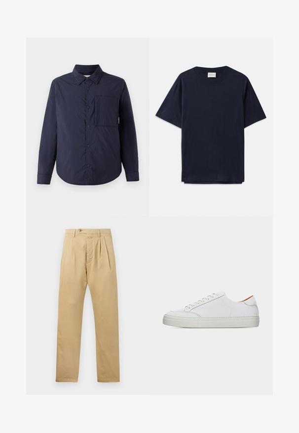 CLOSED QUILTED OVERSHIRT - Jas - dark night; Donkerblauwe katoenen T-shirt met korte mouwen, ronde halslijn en een ontspannen pasvorm. Etiket leest "CLOSED" bij de halslijn. Vette textuur.; CLOSED BERGEN TAPERED - Chino - beige; Witte lage leren sneaker met vetersluiting, dikke zool en minimale stiksel details tegen een effen lichte achtergrond.