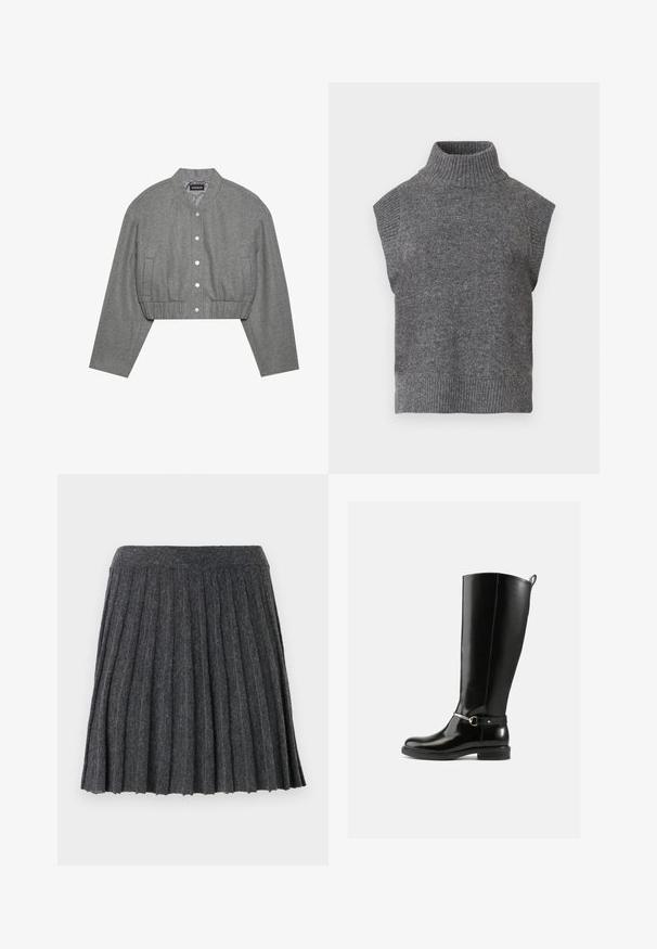 Beskaaret grå jakke med rund krave, trykknaplukning foran og elastisk talje. Har to sidelommer og et tekstureret stof.; Grå ærmeløs strikket turtleneck sweater med ribbet tekstur, tætsiddende silhuet og bred, høj krave. Enkel, alsidig design uden mønstre.; Vero Moda Knitted VMMARINA Short - Mini skirts - dark grey; Sorte knæhøje støvler lavet af blankt læder med en sølvfarvet spænde ved anklen og rundet snude. Flad sål.