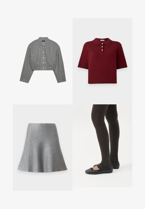 Beskaaret grå jakke med rund krave, trykknaplukning foran og elastisk talje. Har to sidelommer og et tekstureret stof.; Burgunderrød strikket polo-shirt med korte ærmer, en klassisk krave og fire knaplukninger med runde hvide knapper.; Grå flared nederdel lavet af blødt stof med en glat tekstur, der har en bred taljebånd og en afslappet pasform, som udvider sig mod kanten.; Ben iført mørke ribbede leggings kombineret med sorte balletsko med små sløjfedetaljer på hvid baggrund.