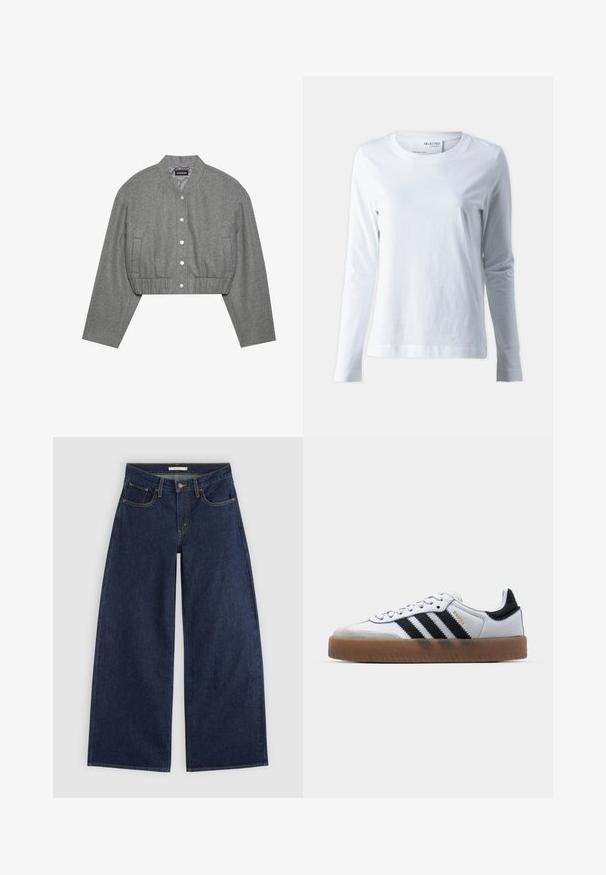 Chaqueta gris recortada con cuello redondo, cierre de botones a presión en el frente y cintura elástica. Cuenta con dos bolsillos laterales y una tela texturizada.; Camiseta blanca de manga larga hecha de algodón suave. Presenta un cuello redondo y mangas ajustadas. Textura suave con un diseño liso.; Vaqueros azul oscuro de corte ancho con bolsillos delanteros, trabillas para cinturón y cierre de botón, mostrados extendidos sobre un fondo claro.; Zapatillas de cuero blancas con rayas negras, suela de goma, puntera redonda, cierre de cordones y caperuza de ante gris suave.