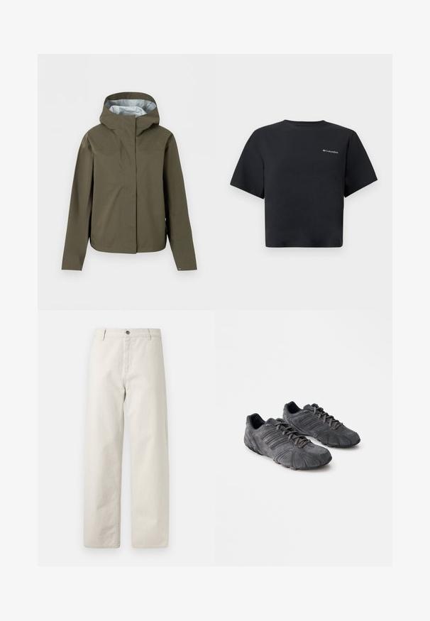 Αδιάβροχο μπουφάν σε ελιά πράσινο με κουκούλα, με φερμουάρ μπροστά και λεπτομέρειες σε μανσέτες με κουμπιά, σχεδιασμένο για εξωτερική χρήση.; Μαύρο cropped κοντομάνικο μπλουζάκι με μικρό λευκό λογότυπο Columbia στο αριστερό στήθος, στρογγυλή λαιμόκοψη και απλό σχέδιο πάνω σε λευκό φόντο.; Μπεζ παντελόνι με φαρδιά μπατζάκια, διακριτικές κάθετες ρίγες, θηλιές για ζώνη, κούμπωμα με κουμπί και εμπρόσθιες τσέπες.; Μαύρα σουέτ αθλητικά παπούτσια με γραπτή επιφάνεια, καμπύλο σχέδιο και ελαστικές σόλες. Διαθέτουν κορδόνια και οριζόντιες ρίγες στα πλάγια.