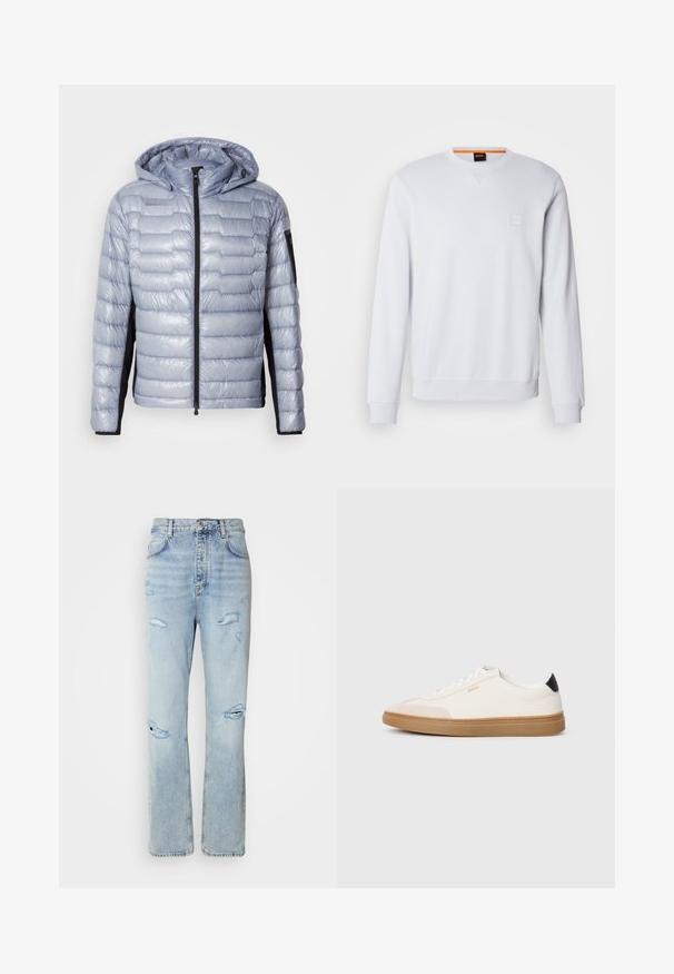 Lichtblauwe pufferjack met zwarte zijkanten, ritssluiting aan de voorkant, vaste capuchon en ritszak op de linker mouw.; Witte sweatshirt met lange mouwen, ronde hals en subtiele logo patch. Soepele textuur en geribbelde manchetten en zoom voor een aangesloten look.; Licht gewassen denim jeans met een ontspannen pasvorm, voorzien van versleten plekken en rafelige randen. De stof heeft een zachte, gladde textuur.; Witte sneakers met beige accenten, bovenwerk van glad leer, ronde neus en rubberen gumzool, met een zwarte hieltab en subtiele branding.