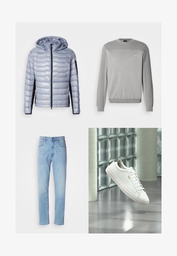 Lyseblå dunjakke med sorte sidelapper, front lynlås, fasthæftet hætte og lynlåslomme på venstre ærme.; Grå strikket sweater med lange ærmer, rund hals, ribstrikkede manchetter og kant. Har subtil teksturvariation og BOSS-logo på brystet.; Lys blå denim jeans med lige pasform, fem lommer og bæltestropper. Stoffet har en glat overflade med en let falmningseffekt.; Hvid læder lav-top sneaker med snørebånd, sort hælflig og "BOSS"-logo, svævende indendørs nær glasblok væg og poleret gulv.