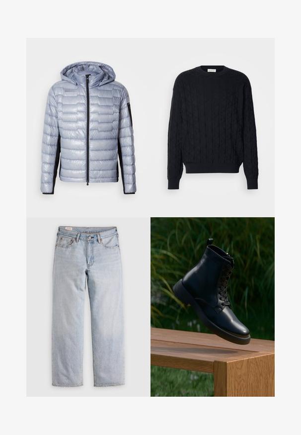 Lyseblå dunjakke med sorte sidelapper, front lynlås, fasthæftet hætte og lynlåslomme på venstre ærme.; Sort strikket sweater med en diamanttekstur, rund hals og ribbede manchetter og kant. Lavet af blødt, varmt stof.; Lyseblå lige ben jeans med høj talje, knaplukning samt for- og baglommer, præsenteret på en flad overflade.; Sorte læder ankelstøvler med en glat finish, rund tå og snørebånd. Har en robust sål og en lille løkke bagpå.