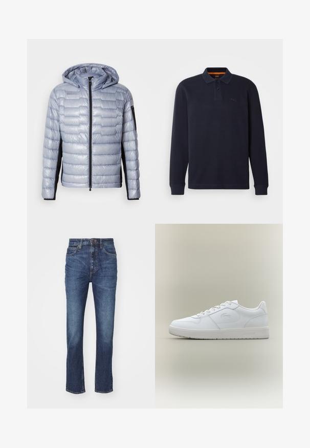 Helle blaue Daunenjacke mit schwarzen Seitenpanelen, Frontreißverschluss, angenhmeter Kapuze und Reißverschluss-Tasche am linken Ärmel.; Marineblaue langärmelige Poloshirt aus strukturiertem Stoff mit einer Knopfleiste am Hals. Verfügt über ein kleines gesticktes Logo auf der Brust.; Dunkelblaue Jeans aus Denim mit geradem Bein, fünf Taschen, Knopf- und Reißverschluss, und leichten Verfärbungen an den Oberschenkeln. Klassisches Design.; Weißes Leder-Sneaker mit runder Zehenpartie, Schnürverschluss und strukturiertem Gummisohle. Verfügt über dezente Logodetails an der Seite und Ferse.