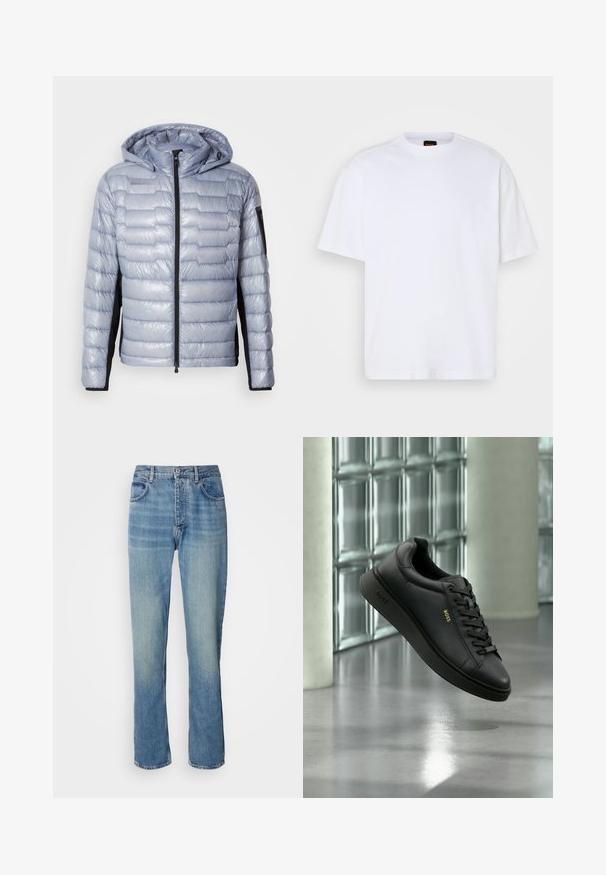 Helle blaue Daunenjacke mit schwarzen Seitenpanelen, Frontreißverschluss, angenhmeter Kapuze und Reißverschluss-Tasche am linken Ärmel.; Weißes Baumwoll-T-Shirt mit Rundhalsausschnitt, kurzen Ärmeln und lässiger Passform. Verfügt über strukturierte Schulternaht für zusätzliche Details.; Helle blaue, gerade geschnittene Denim-Jeans mit hoher Taille, vorderem Knopf, Reißverschluss und Fünf-Taschen-Design.; Schwarzer Ledersneaker von BOSS mit Schnürsenkeln, schwebend in Innenräumen vor einer Wand aus Glasbausteinen und einem Betonboden.