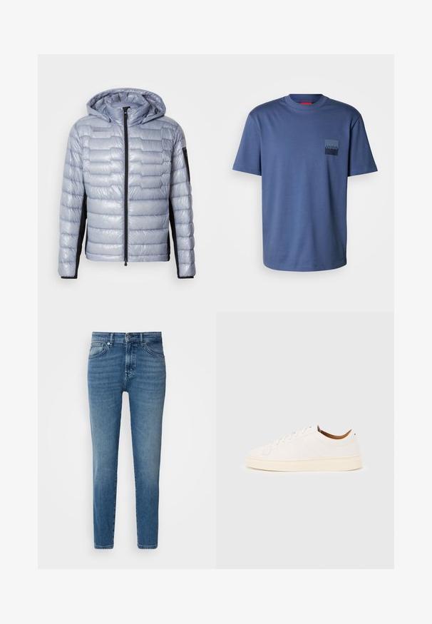 Lichtblauwe pufferjack met zwarte zijkanten, ritssluiting aan de voorkant, vaste capuchon en ritszak op de linker mouw.; Blauw T-shirt met korte mouwen, gemaakt van zachte katoen, met een vierkante zak en een donkerblauw logo. Klassiek ontwerp met ronde hals.; Lichtblauwe denim jeans met een rechte pasvorm, traditionele vijf-pocket stijl, metalen knoopsluiting en subtiele vervaging aan de voorkant.; Witte lage sneaker met vetersluiting, minimale stikdetails en een crèmekleurige zool op een lichtgrijze achtergrond.
