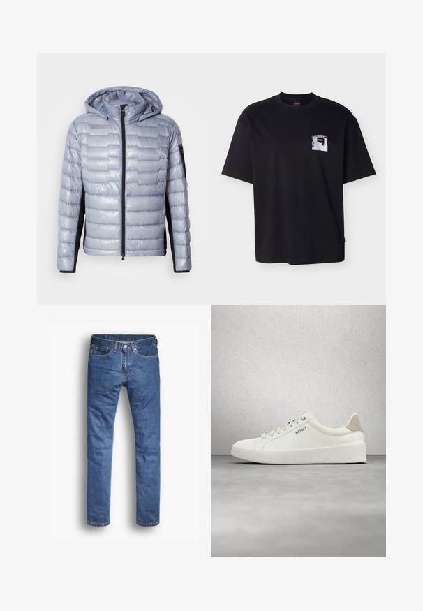Chaquetón tipo puff en color azul claro con paneles laterales negros, cremallera frontal, capucha fija y bolsillo con cremallera en la manga izquierda.; Camiseta negra de manga corta con un pequeño gráfico abstracto y el texto "BOSS" en la zona del bolsillo izquierdo del pecho.; Vaqueros de mezclilla en un lavado azul medio con un corte recto, que cuentan con cinco bolsillos, un cierre de botón y cremallera, y sutilezas en los acentos de costura.; Zapatilla blanca de corte bajo con cordones y lengüeta trasera beige, con la marca "HUGO", flotando sobre un suelo de hormigón pulido cerca de una pared de bloques de vidrio.