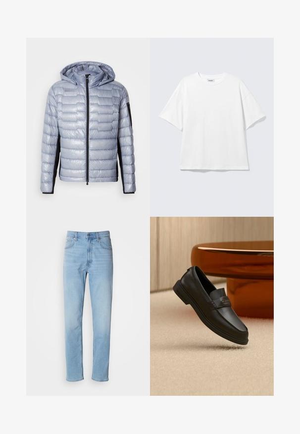 Helle blaue Daunenjacke mit schwarzen Seitenpanelen, Frontreißverschluss, angenhmeter Kapuze und Reißverschluss-Tasche am linken Ärmel.; Weißes oversized T-Shirt mit kurzen Ärmeln und Rundhalsausschnitt mit eingesetzten Schultern, flach auf hellgrauem Hintergrund.; Hellblaue Jeans mit geradem Schnitt, fünf Taschen und Gürtelschlaufen. Der Stoff hat eine glatte Textur mit einem leichten Verblassungseffekt.; Schwarzer Leder-Schlupfschuh mit gesteppten Akzenten, erhöhtem Schaft und flacher Gummisohle, auf einer weichen beigen Oberfläche platziert.