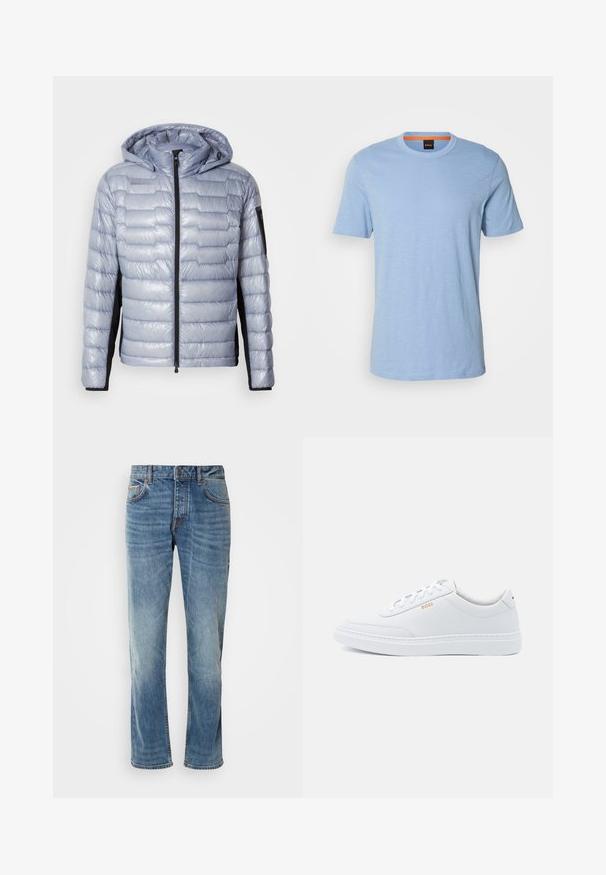 Helle blaue Daunenjacke mit schwarzen Seitenpanelen, Frontreißverschluss, angenhmeter Kapuze und Reißverschluss-Tasche am linken Ärmel.; Hellblaues T-Shirt mit kurzen Ärmeln aus weichem Material. Es verfügt über einen Rundhalsausschnitt und ein dezentes, eingeprägtes Logo auf der Brust.; Helle blaue Jeans aus Denim mit geraden Beinen, fünf Taschen, kontrastierenden Nähten und einem abgewetzten Finish. Verfügt über einen Knopf- und Reißverschluss.; Weiße Leder-Sneaker mit glatter Textur, runder Zehenpartie und tonal abgestepptem Design. Mit blauen Schnürsenkeln und einem goldenen Logo an der Seite.