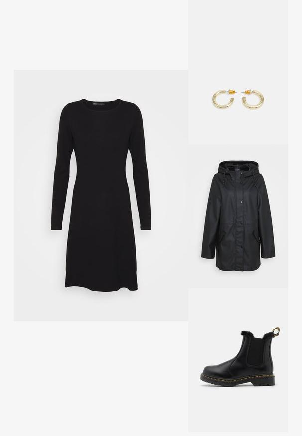 Manteau de pluie noir imperméable à capuche avec fermeture à boutons-pression, capuche ajustable à cordon de serrage et poches à rabat sur les côtés avant.; Robe noire à manches longues, décolleté rond et silhouette cintrée. Fabriquée en tissu doux, elle présente une texture lisse et une finition au genou.; Bottes noires en cuir montantes avec des panneaux élastiques texturés sur les côtés, un bord en fourrure en haut, des coutures jaunes et une semelle en caoutchouc robuste.; Boucles d'oreilles en métal doré en forme d'anneau, avec une finition lisse et arrondie. Elles possèdent des accents orange à l'arrière pour un maintien sécurisé.