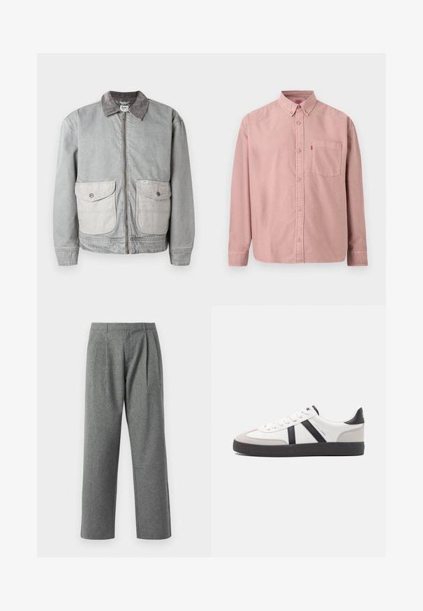 Veste en denim gris avec un col en velours côtelé, deux grandes poches avant et une fermeture éclair. Présente un tissu de poche contrastant plus clair.; Chemise rose à manches longues avec boutons, poche avant et col boutonné, présentée sur un fond uni.; Pantalons gris à jambes droites en tissu texturé, avec des plis à l'avant et une taille basique, sans poches visibles.; Baskets blanches avec des accents noirs et gris, présentant un embout texturé gris, une semelle en caoutchouc noir et des lacets plats blancs. Design épuré, style minimaliste.