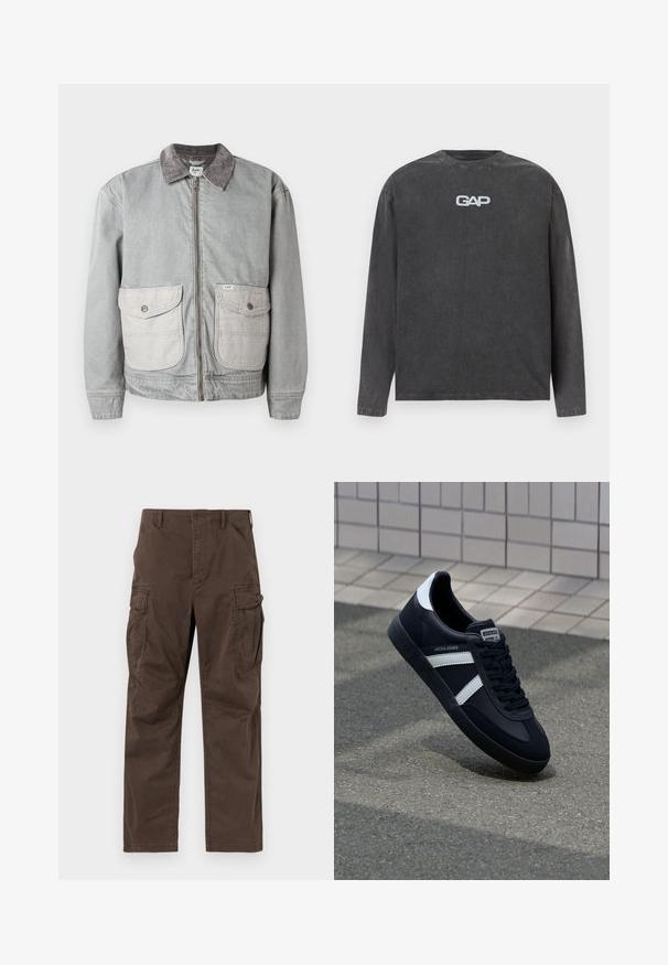 Veste en denim gris avec un col en velours côtelé, deux grandes poches avant et une fermeture éclair. Présente un tissu de poche contrastant plus clair.; Chemise à manches longues gris foncé avec un col rond et le logo blanc "GAP" centré sur la poitrine, présentée sur un fond clair uni.; Pantalon cargo marron à jambes droites avec poches à rabat latérales, poches avant inclinées, passants pour ceinture et fermeture par bouton.; Sneaker en cuir noir avec des rayures blanches, semelle en caoutchouc texturée et devant à lacets. Présente une étiquette de marque sur la languette.