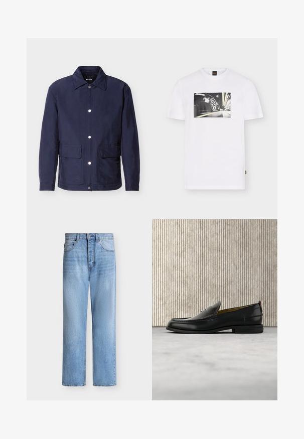 Veste pour homme bleu marine avec fermeture à boutons, deux grandes poches avant, et un col pointu, présentée sur un fond blanc.; T-shirt blanc avec un graphisme en noir et blanc d'une roue de voiture en mouvement sur une route la nuit avec des traînées lumineuses.; Jean droit en denim bleu clair avec fermeture par bouton et zip, poches avant et arrière, et passants de ceinture à la taille.; Mocassin pour homme en cuir noir avec un dessus embossé effet croco et un petit talon, présenté de profil sur un fond neutre.