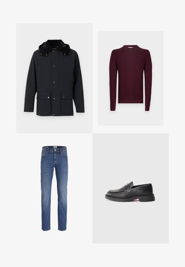Veste grise foncée pour homme avec capuche, fermeture à boutons sur le devant, deux grandes poches à rabat avec boutons-pression, et manches longues.; Pull en tricot bordeaux à manches longues, texture côtelée, et encolure ronde. Petit logo sur la poitrine gauche.; Jean en denim bleu à jambe droite avec fermeture à boutons et zip, poches avant et arrière, et légère décoloration aux cuisses et aux genoux.; Mocassins en cuir noir avec un bout arrondi, une couture surélevée et une semelle en caoutchouc épaisse. Design simple avec un branding minimal sur le côté.