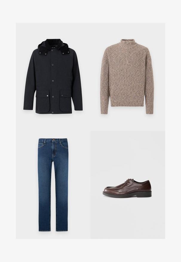 Veste grise foncée pour homme avec capuche, fermeture à boutons sur le devant, deux grandes poches à rabat avec boutons-pression, et manches longues.; Pull-over en maille côtelée marron avec manches longues et col montant à demi-fermeture éclair, présenté sur un fond uni.; Jean denim bleu foncé droit avec cinq poches, fermeture par bouton et surpiqûres contrastantes.; Chaussure habillée en cuir marron avec un bout arrondi, des accents de couture minimum, et une semelle noire robuste. Présente un système de laçage et une texture lisse.
